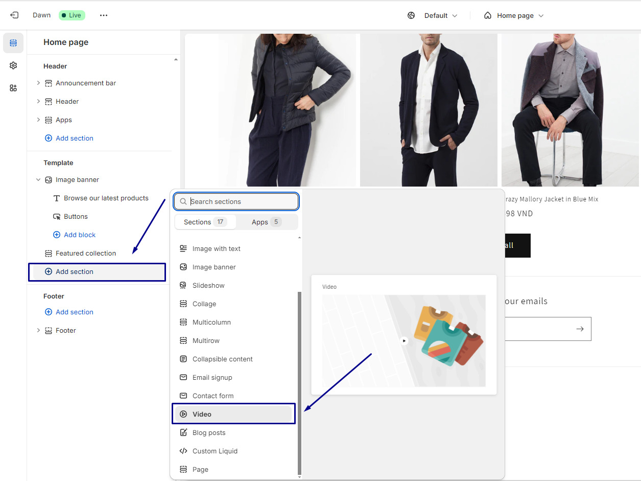 Click Add sections, then select Video.